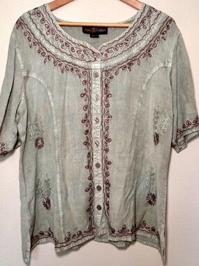 Agan Traders Embroidered Boho Top XL Sage Green Tie Back Button Down